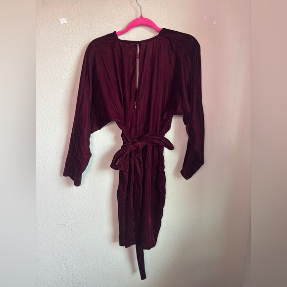 ASOS Design Maroon Burgundy Velvet Drape Long Sleeve Faux Wrap Mini Dress 4 - Picture 4 of 7